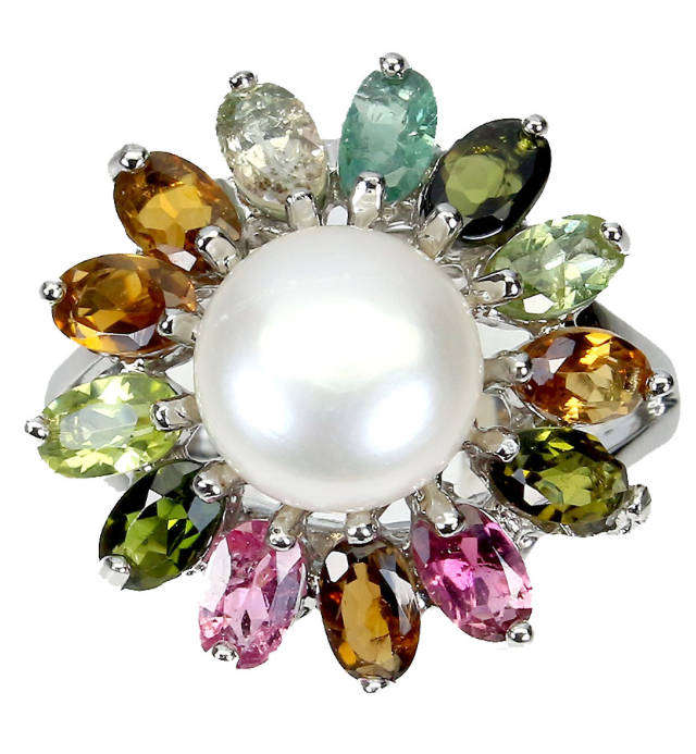 Natural Unheated Muli Tourmaline Ovals and  White Pearl in Solid. 925 Sterling Silver Ring Size US 9