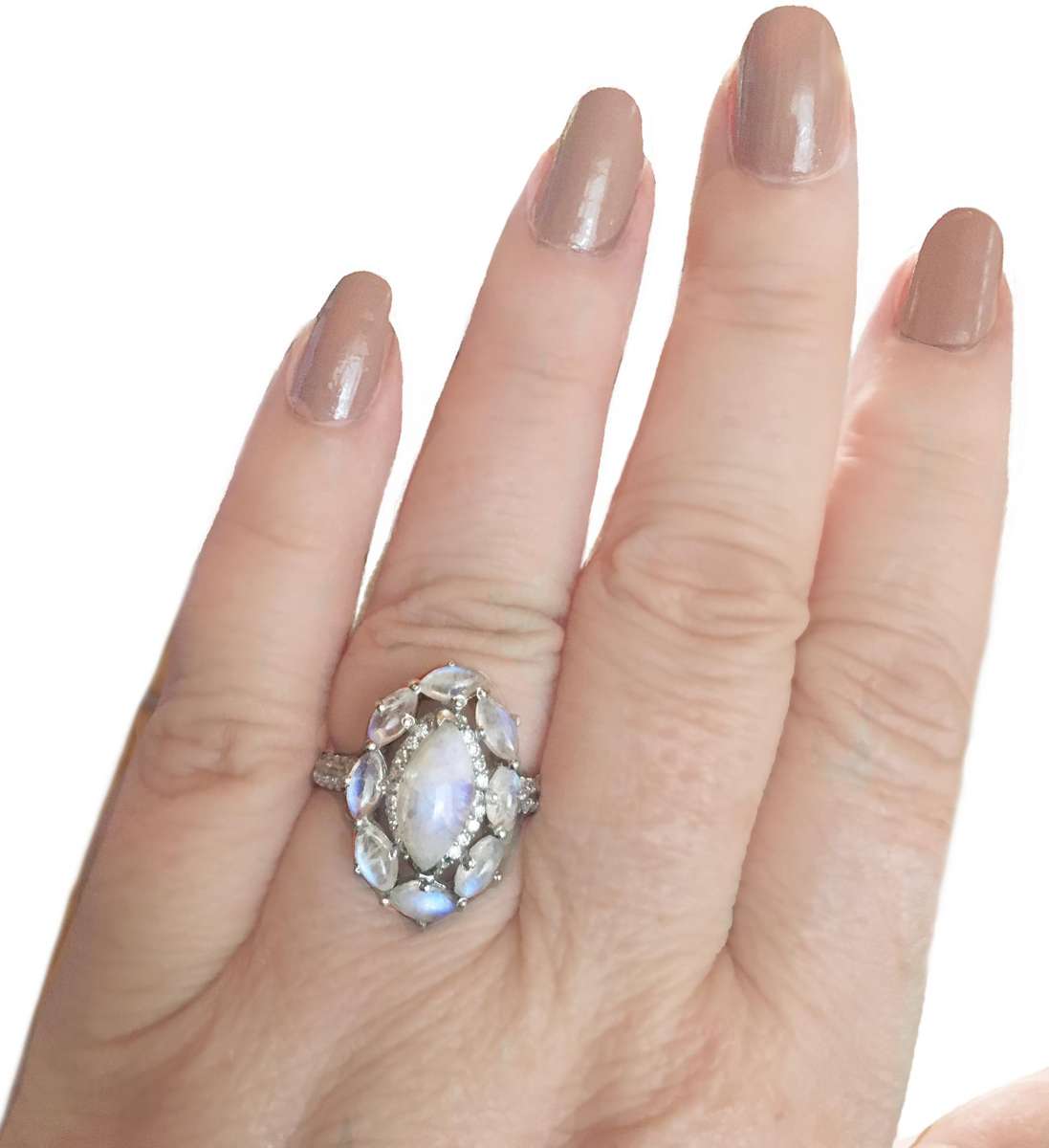 Deluxe Natural Blue Schiller Moonstone, White Cubic Zirconia Solid .925 Silver Ring Size US 8 / Q