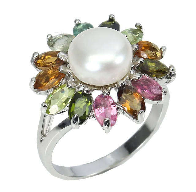 Natural Unheated Muli Tourmaline Ovals and  White Pearl in Solid. 925 Sterling Silver Ring Size US 9