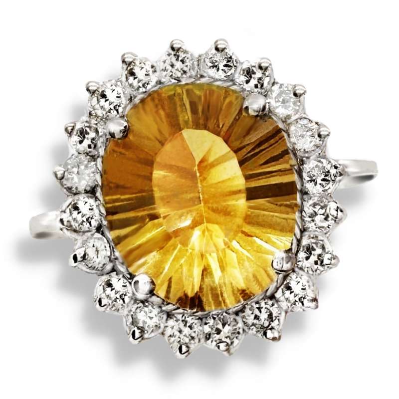 Natural Citrine, AAA White Cubic Zirconia Solid .925 Silver,14K White Gold Ring Size 9 or R1/2
