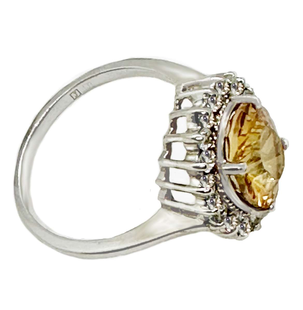 Natural Citrine, AAA White Cubic Zirconia Solid .925 Silver,14K White Gold Ring Size 9 or R1/2