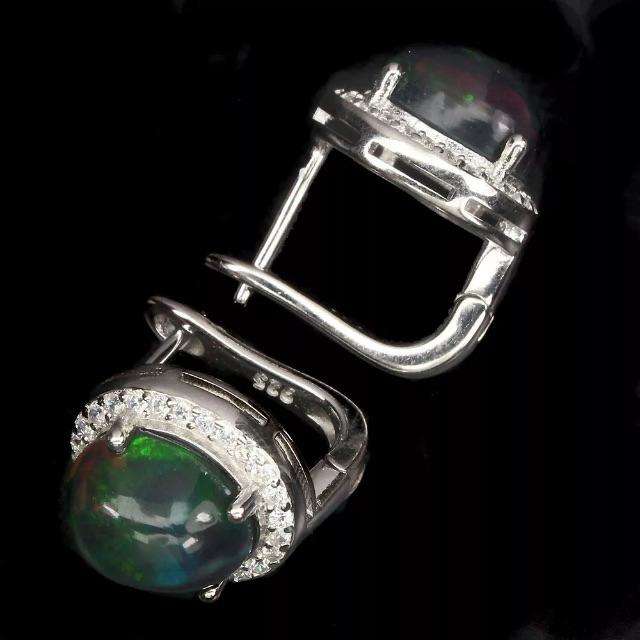 Natural Unheated Full Flash Black Fire Opal, White Cubic Zirconia Solid .925 Silver 14K W/Gold Earri