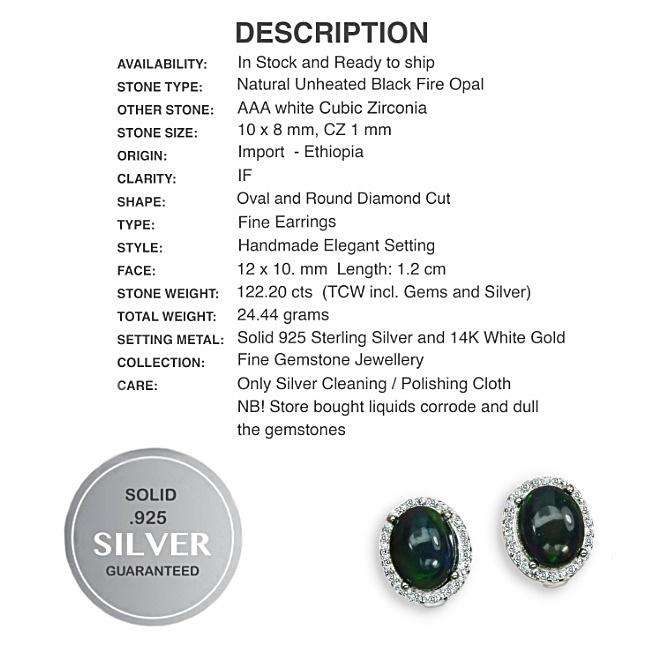 Natural Unheated Full Flash Black Fire Opal, White Cubic Zirconia Solid .925 Silver 14K W/Gold Earri