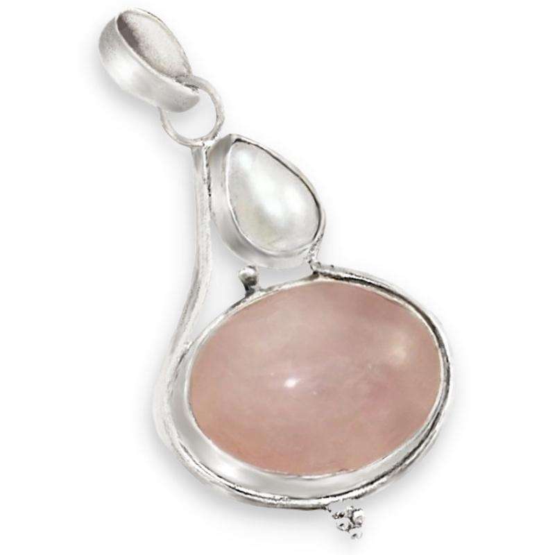 Natural Rose Quartz, and White Pearl set in Solid .925 Sterling Silver Dainty Pendant