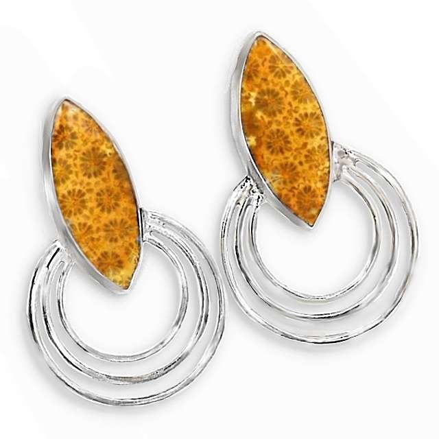 Natural Fossil Coral Marquise Shape Set in Solid 925 Sterling Silver Stud Earrings