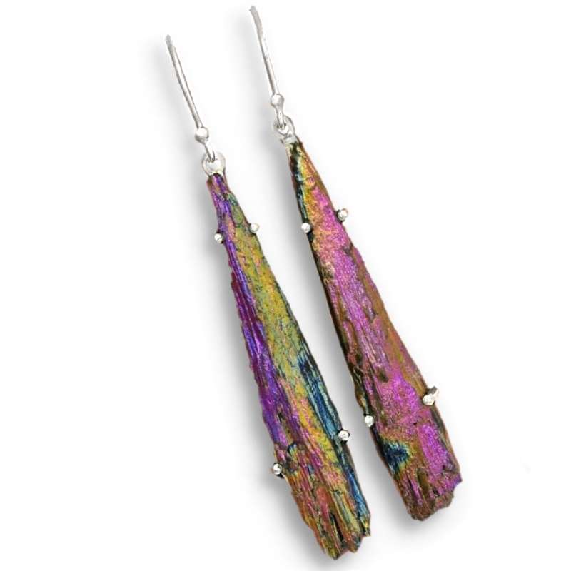 Natural Titanium Aura Kyanite Gemstone Solid .Sterling .925 Silver Earrings