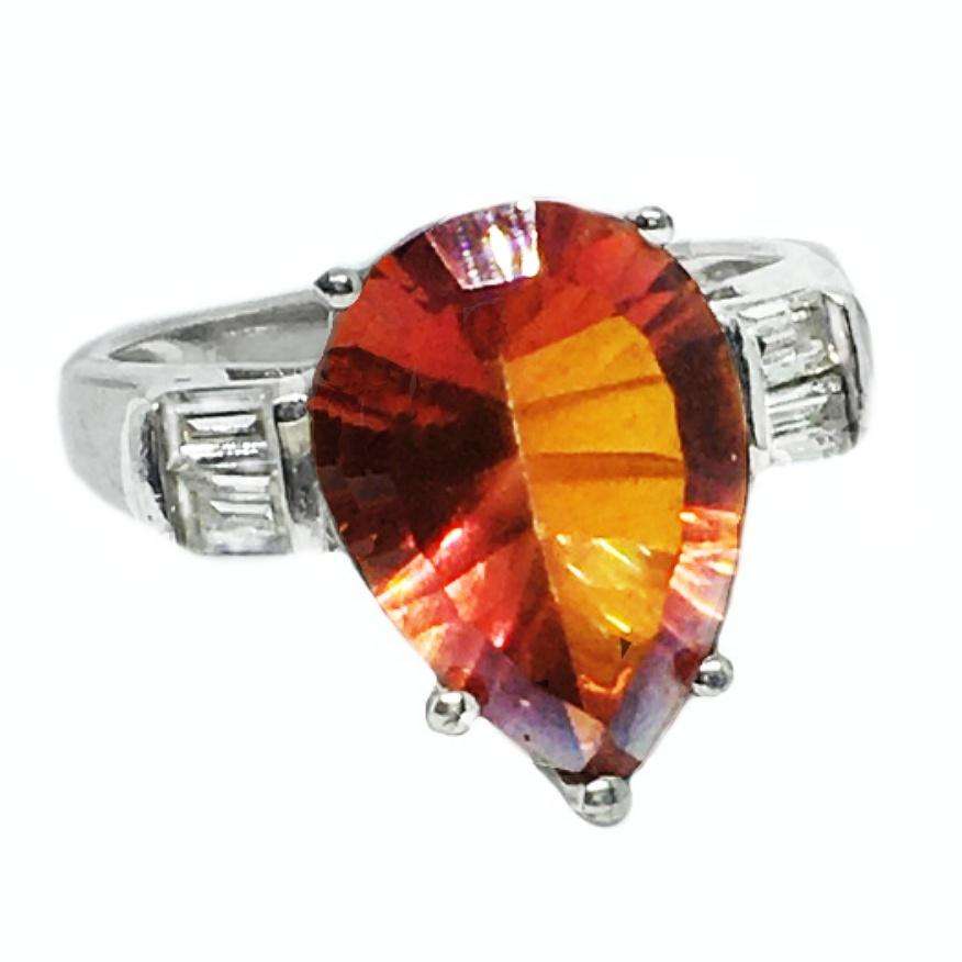 Dekuxe Natural Orange Rainbow Topaz, White Cubic Zirconia Solid .925 Sterling Silver Ring Size 7/ O