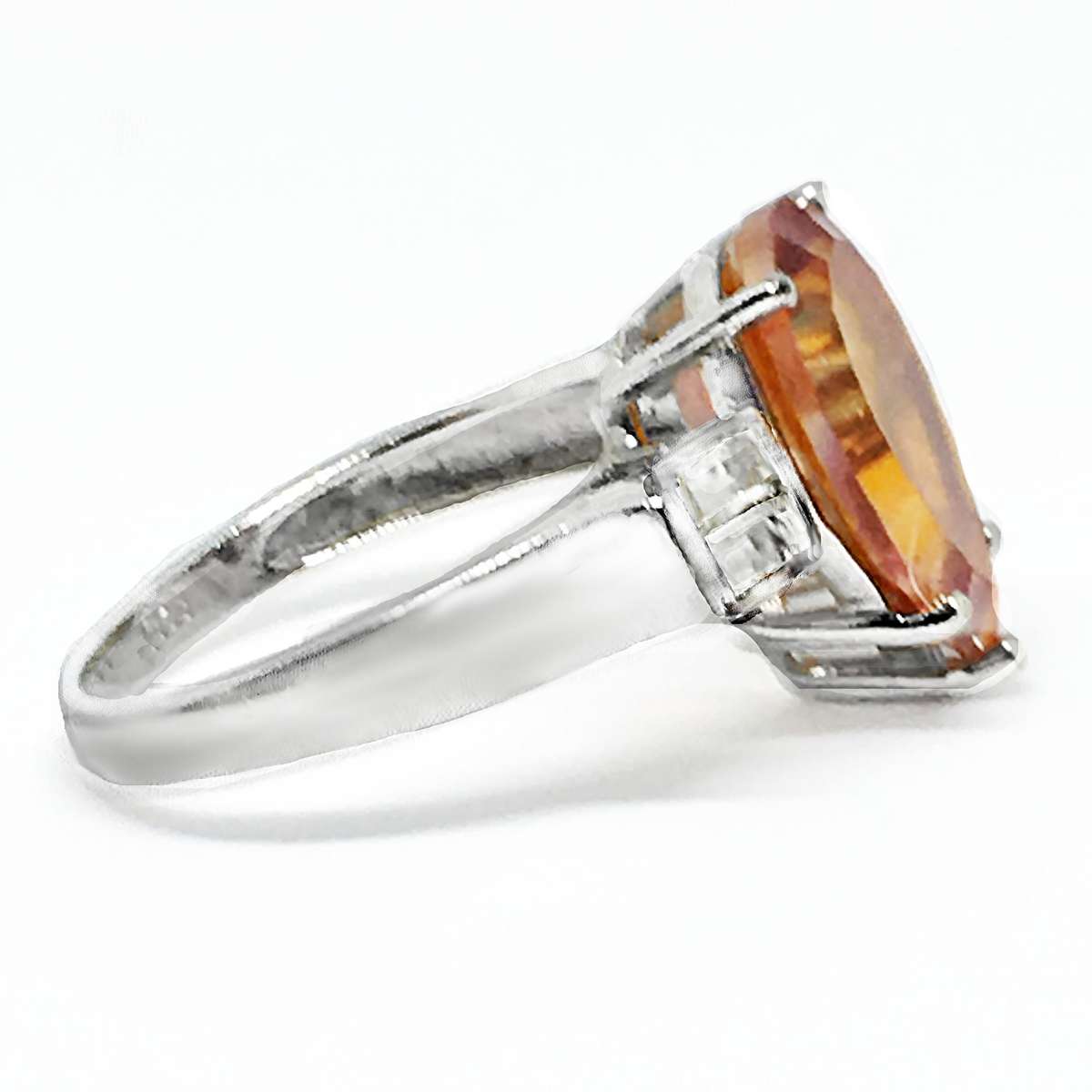 Dekuxe Natural Orange Rainbow Topaz, White Cubic Zirconia Solid .925 Sterling Silver Ring Size 7/ O