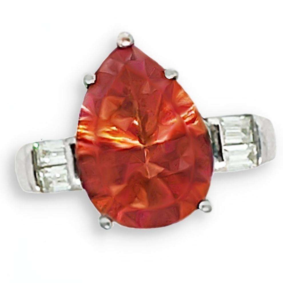 Dekuxe Natural Orange Rainbow Topaz, White Cubic Zirconia Solid .925 Sterling Silver Ring Size 7/ O