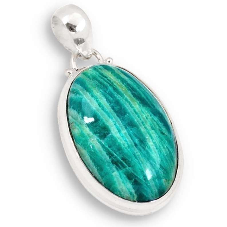 Natural Green Azurite Oval Gemstone  set in Solid. 925 Sterling Silver Pendant