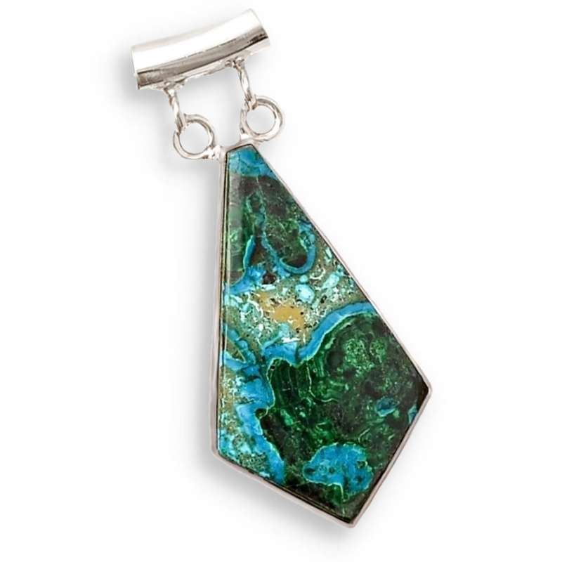 Natural Malachite in Azurite Geometric Gemstone set in Solid .925 Sterling Silver Pendant