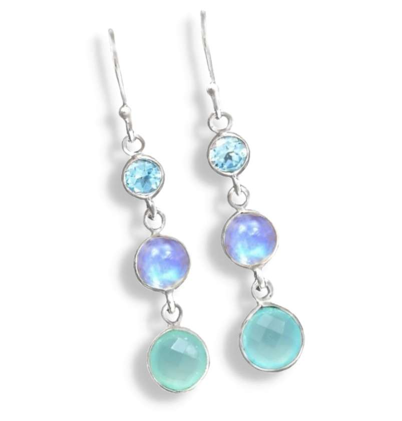 Natural Unheated Aqua Chalcedony, Blue Topaz , Rainbow Moonstone Gemstone Solid .925 Silver Earri