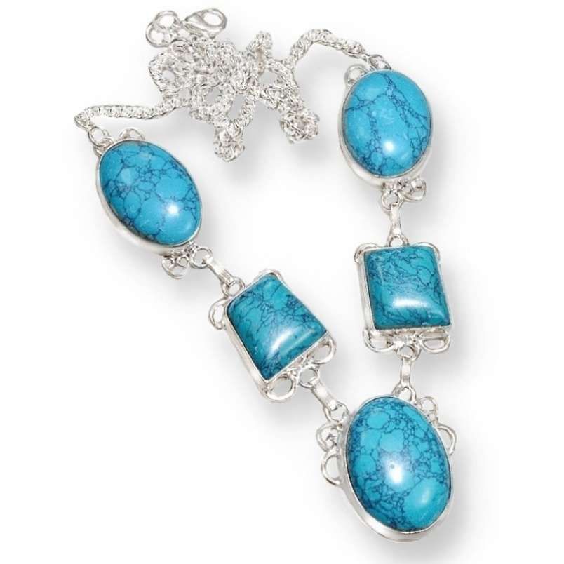 Spider Web Matrix Turquoise Gemstones set in Antique Style .925 Sterling Silver Plated  Necklace