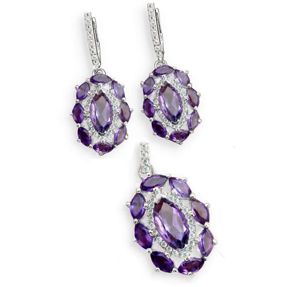 Natural Unheated Purple Amethyst & White Cubic Gemstone Solid .925 Sterling Silver Set
