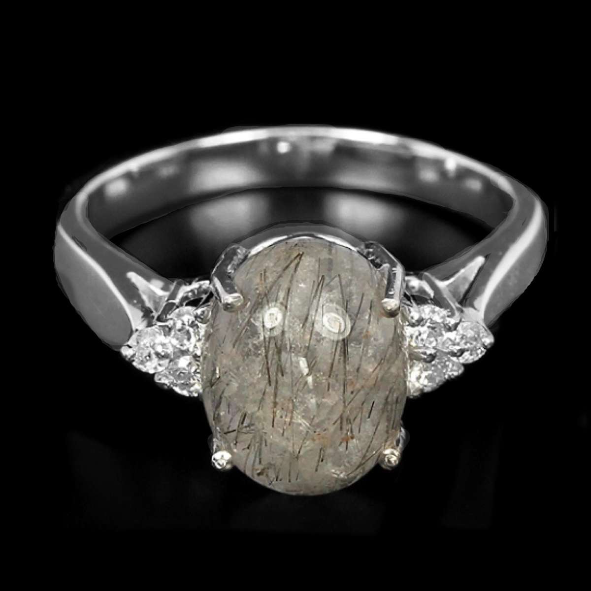 Natural Black Rutilated Quartz White CZ in Solid .925 Sterling Silver 14K White Gold Ring Sz US 6.5