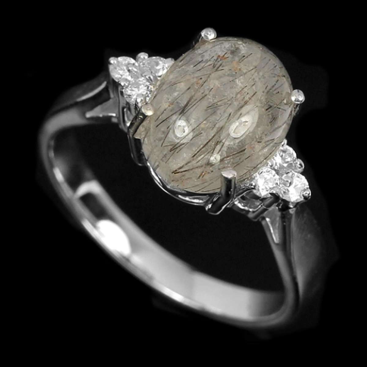 Natural Black Rutilated Quartz White CZ in Solid .925 Sterling Silver 14K White Gold Ring Sz US 6.5