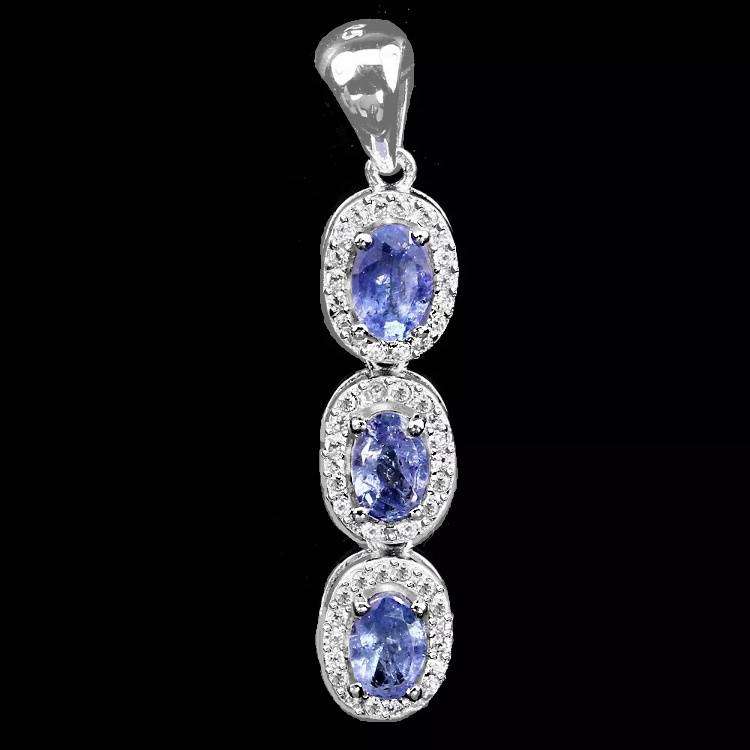 3 Natural Unheated Tanzanite Ovals and White CZ set in Solid .925 Silver & White Gold Necklace