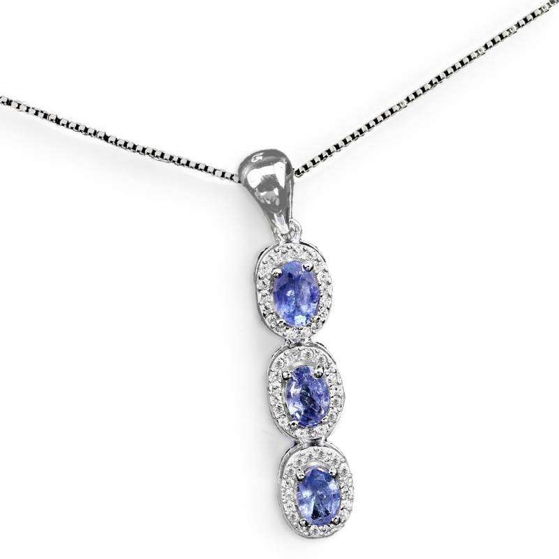 3 Natural Unheated Tanzanite Ovals and White CZ set in Solid .925 Silver & White Gold Necklace