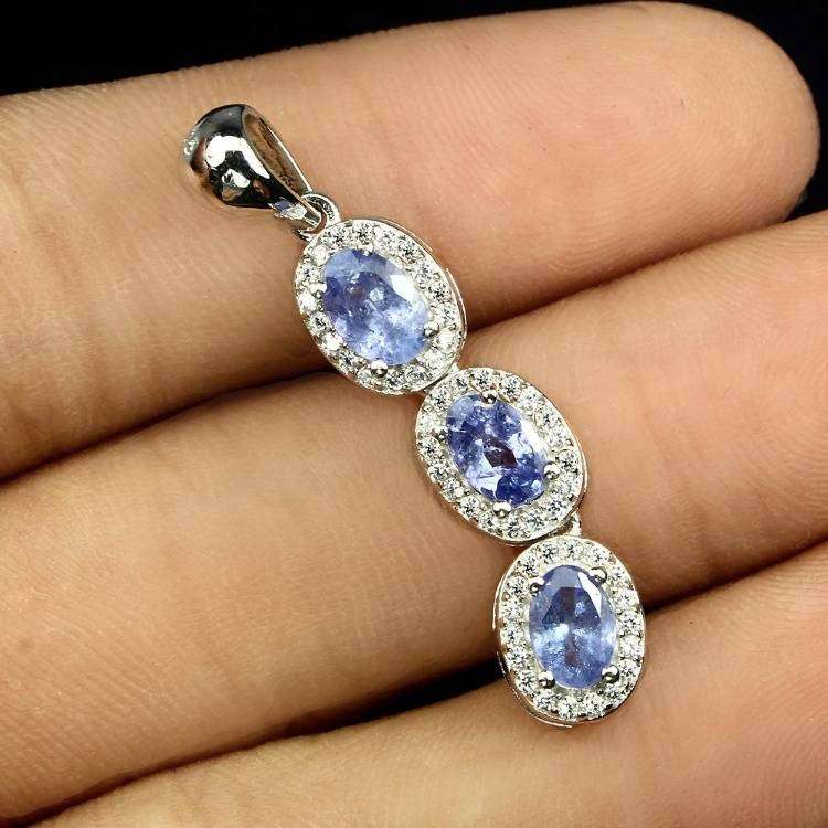 3 Natural Unheated Tanzanite Ovals and White CZ set in Solid .925 Silver & White Gold Necklace