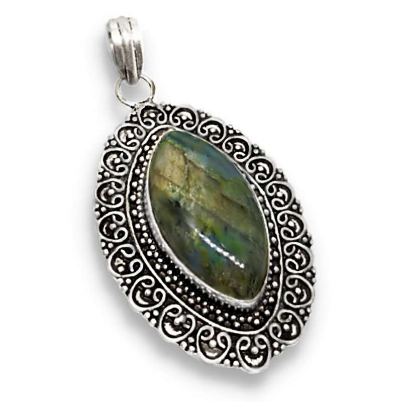 Natural Fiery Labradorite Marquise Cut Gemstone in 925 Sterling Silver Plated Antique Style Pendant