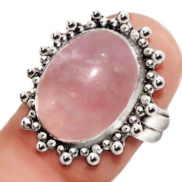 Natural Rose Quartz Oval Gemstone  set in.925 Sterling Silver Plated Handmade Ring Size US 7/O