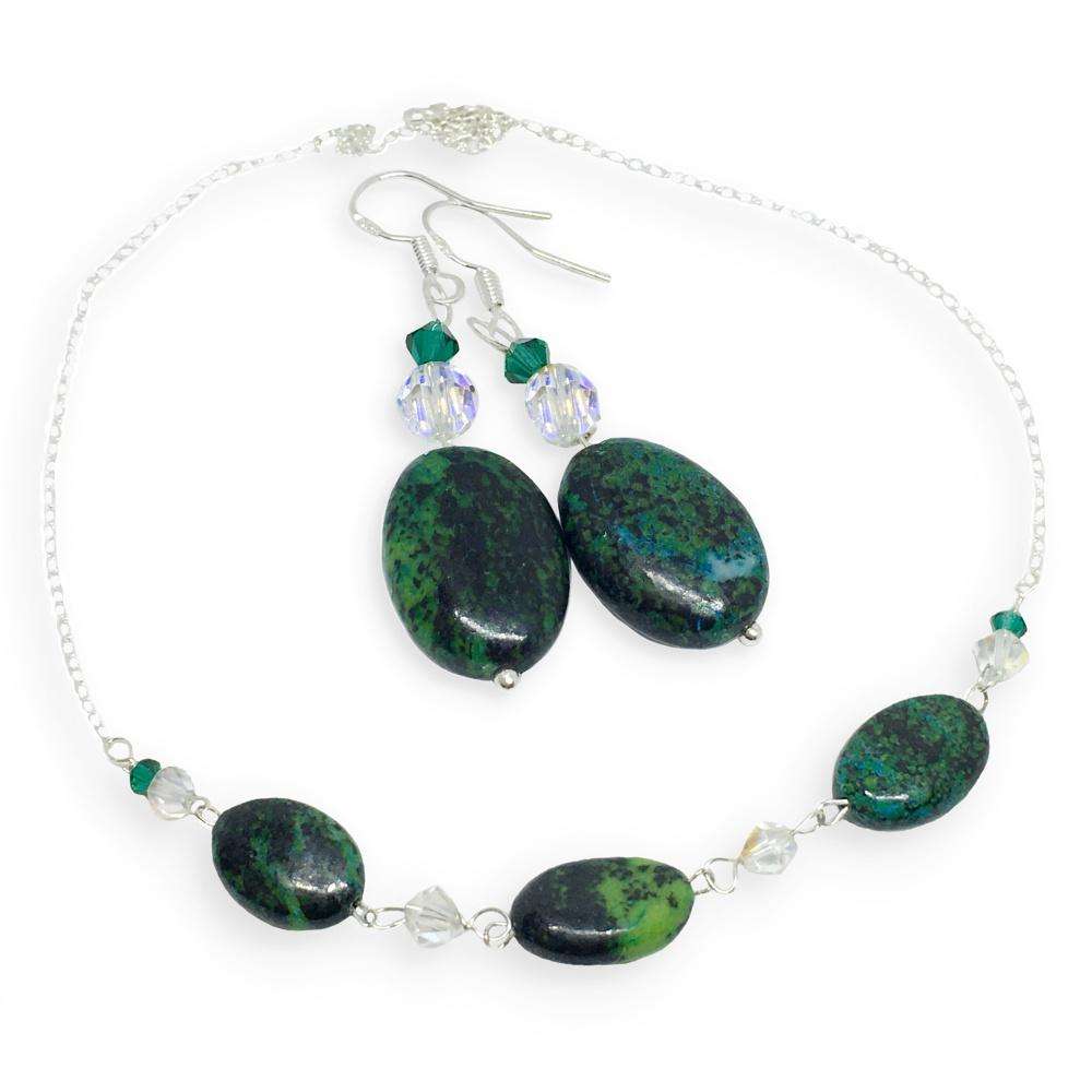 Natural Chrysocolla and Crystal beads set in .925 Sterling Silver Necklace & Earrings Set