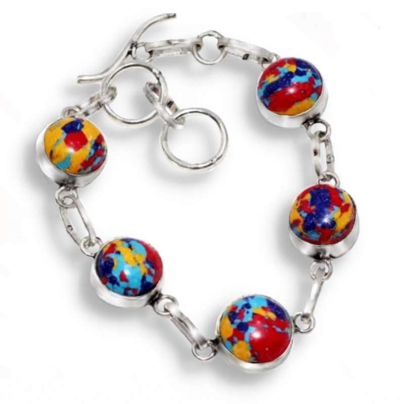 Colourful Mosaic Jasper set in .925 Sterling Silver Plated Handmade Bracelet