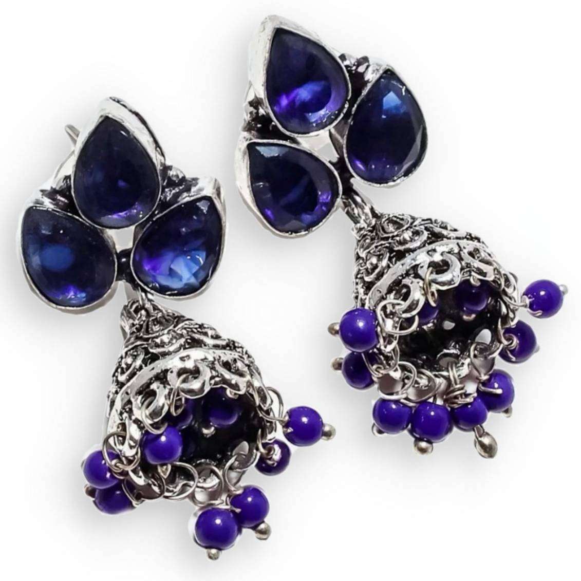 Handmade Sapphire Quartz and Purple Chalcedony Jhumki .925 Silver Plated Stud Earrings
