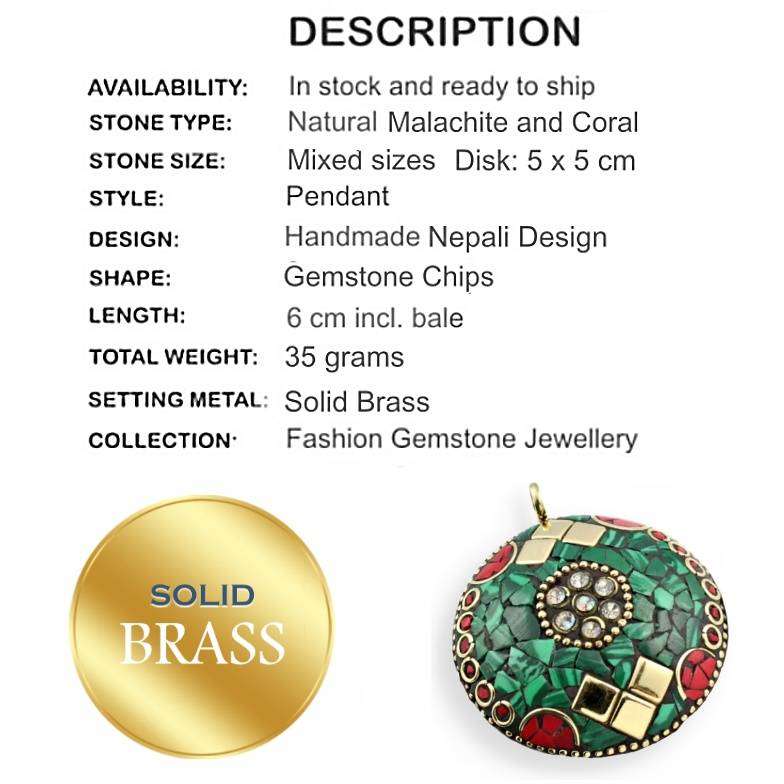 NepalI Natural Malachite, Coral Gemstone set in Solid Brass Pendant
