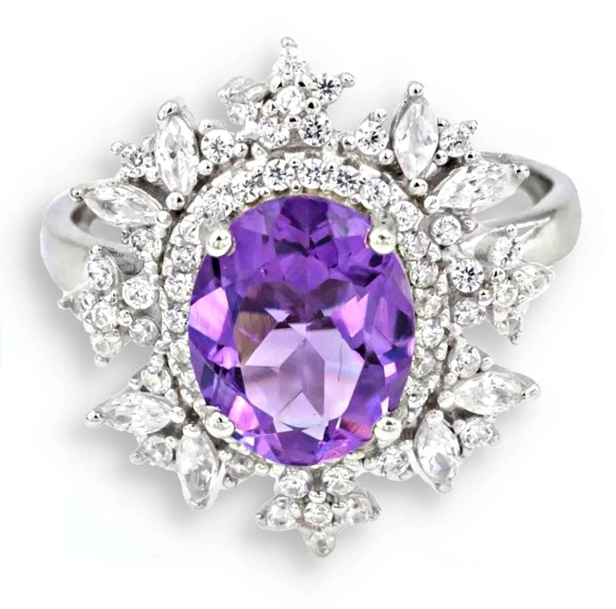 Brazilian AAA Natural Purple Amethyst, White Cz Solid .925 Sterling Silver Ring Size US 7 or O