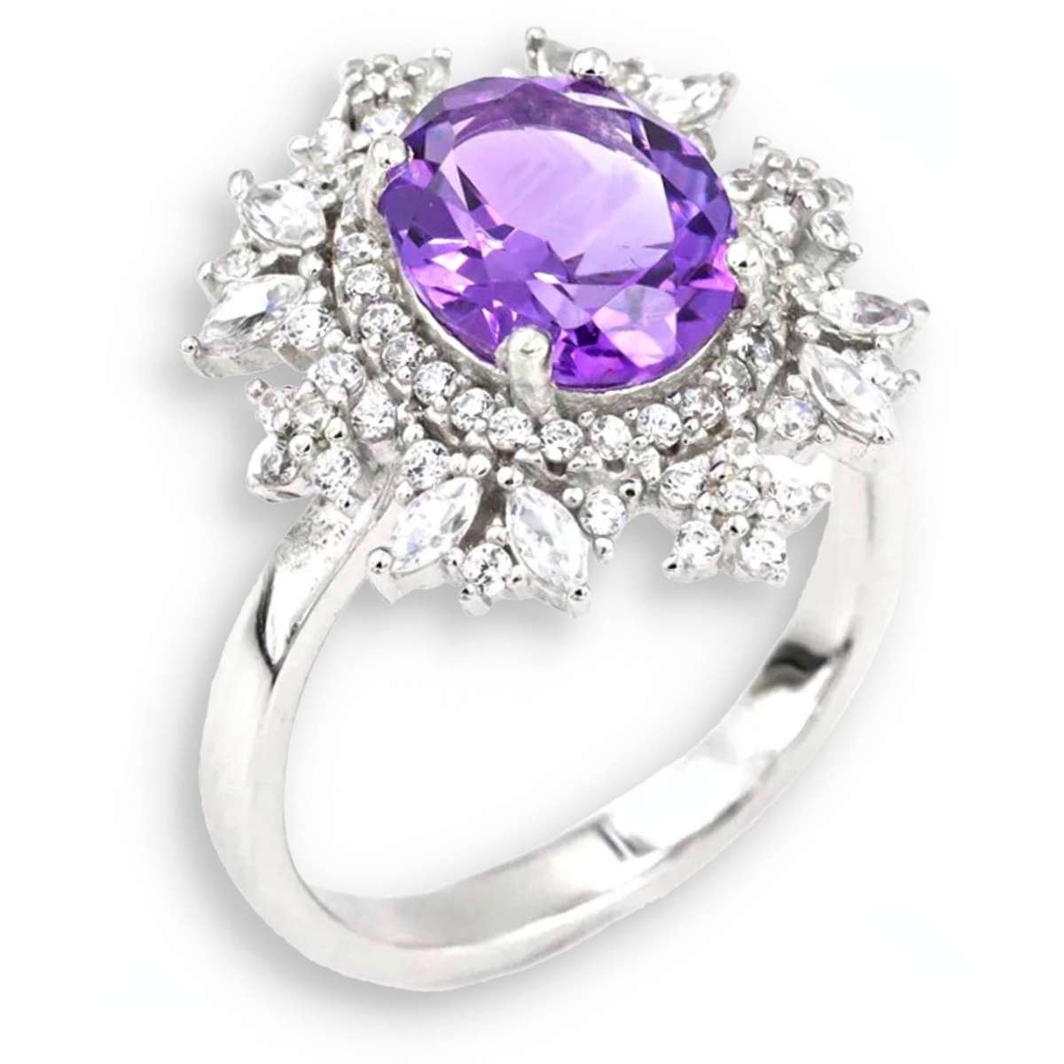 Brazilian AAA Natural Purple Amethyst, White Cz Solid .925 Sterling Silver Ring Size US 7 or O