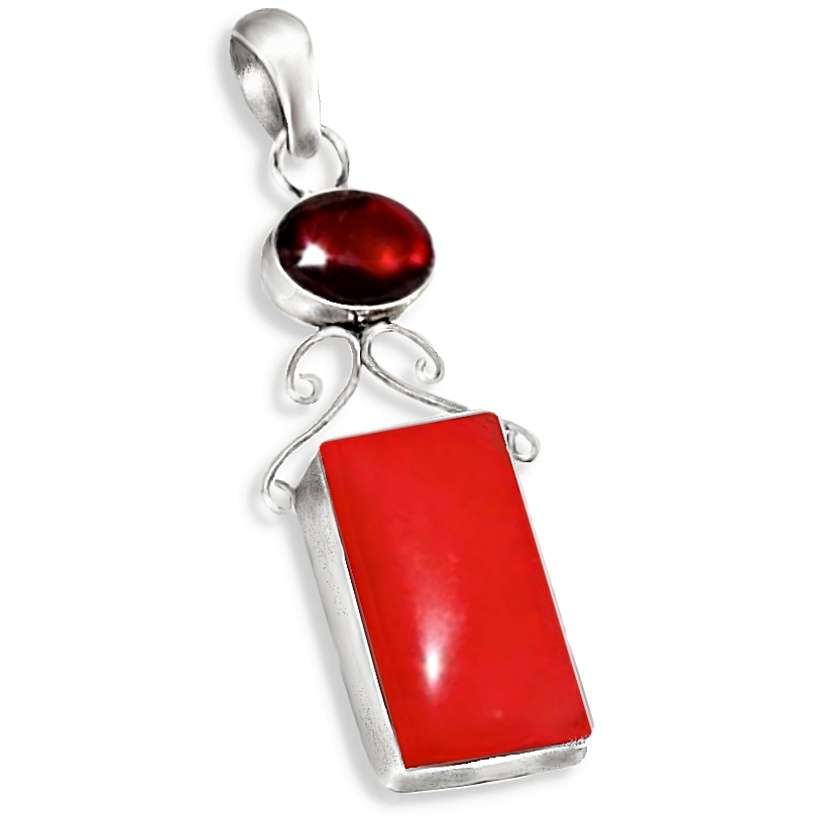 Red Coral and Garnet Mixed Shape Gemstones set in .925 Sterling Silver Plated Handmade Pendant