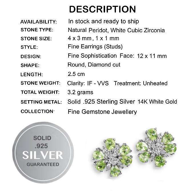 Natural Unheated Peridot, White Cubic Zirconia Gemstone Solid .925 Sterling Silver 14K WG Earrings