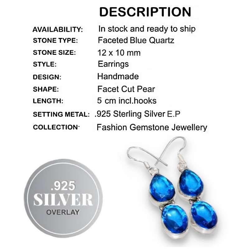 Captivating Blue Quartz Gemstone 925 Sterling Silver Earrings