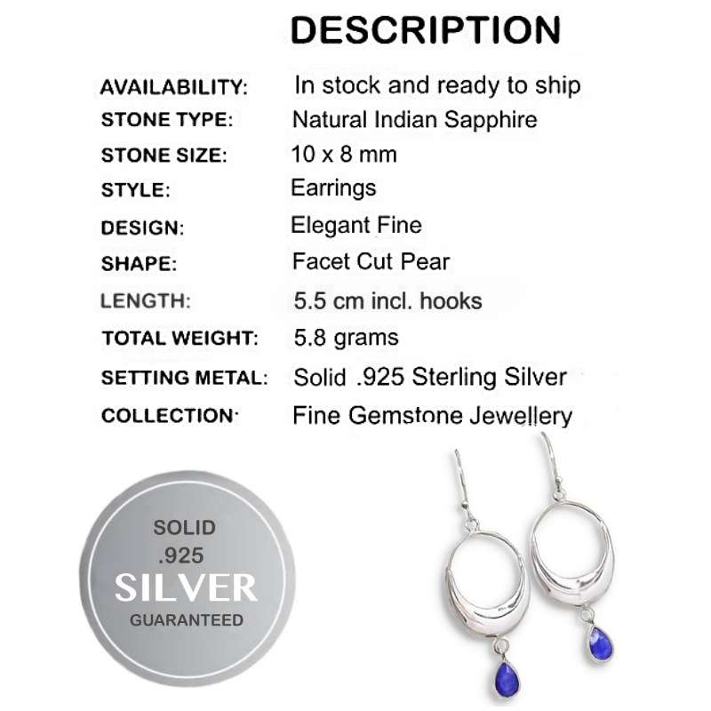 Natural Indian Sapphire Quartz Pear Shape Gemstone set in Solid .925 Sterling Silver Earrings