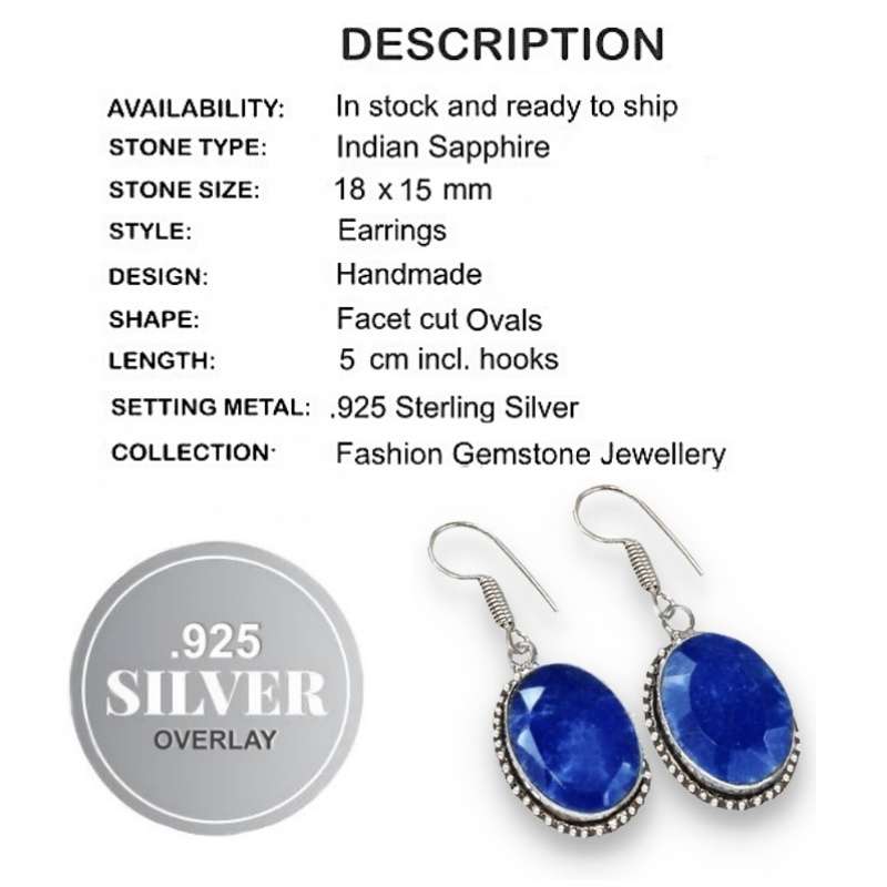 Natural Indian Sapphire Gemstone .925 Sterling Silver Earrings