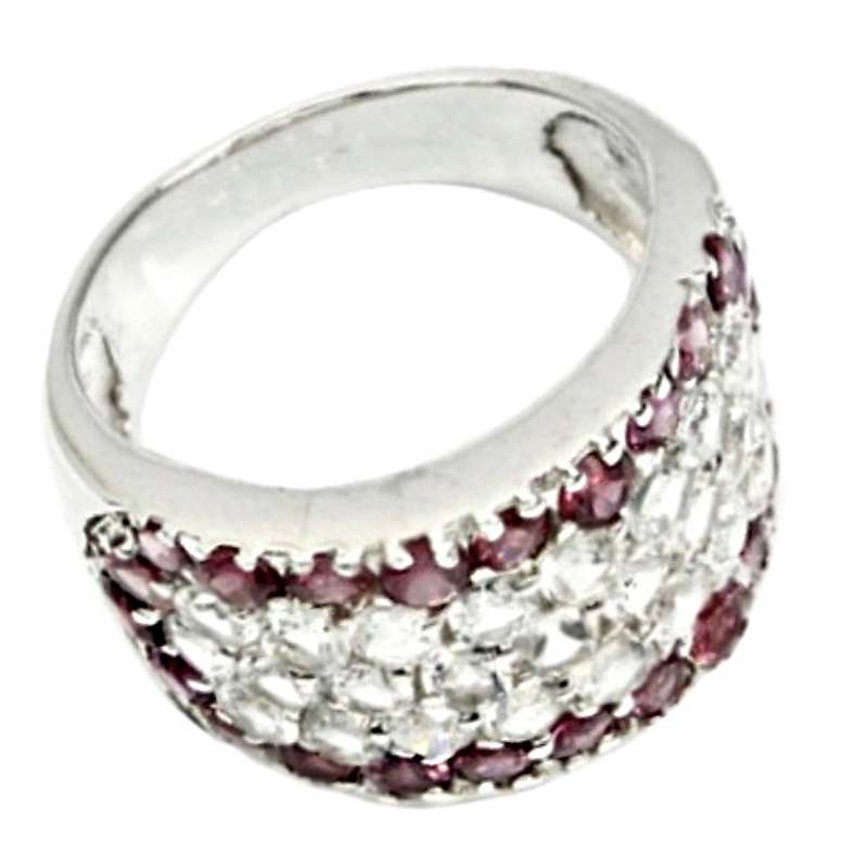 Natural Rhodolite Garnet Diamond Cut White Topaz Set in Solid.925 Sterling Silver Ring Size 7.5 or P