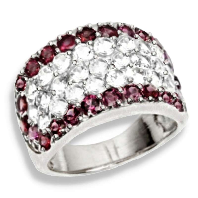 Natural Rhodolite Garnet Diamond Cut White Topaz Set in Solid.925 Sterling Silver Ring Size 7.5 or P