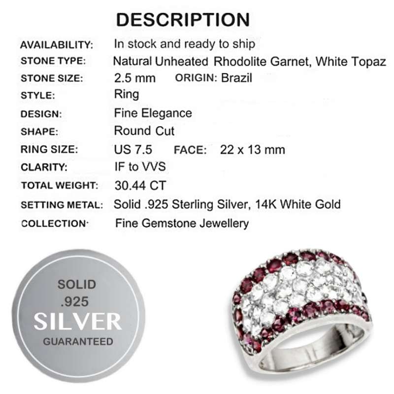 Natural Rhodolite Garnet Diamond Cut White Topaz Set in Solid.925 Sterling Silver Ring Size 7.5 or P