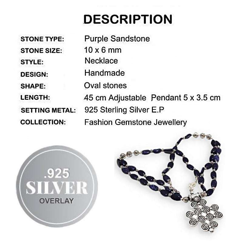 Purple Sandstone Antique Cross 925 Sterling Silver Plated Handmade Necklace