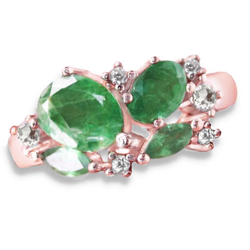 Natural Brazilian Emerald Ovals and AAA White Cubic Zirconia Solid .925 Silver Ring Sz 7.25 OR O1/2