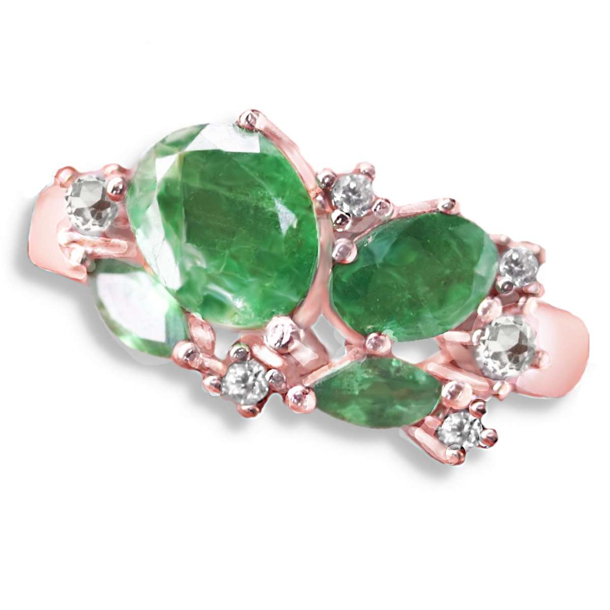 Natural Brazilian Emerald Ovals and AAA White Cubic Zirconia Solid .925 Silver Ring Sz 7.25 OR O1/2