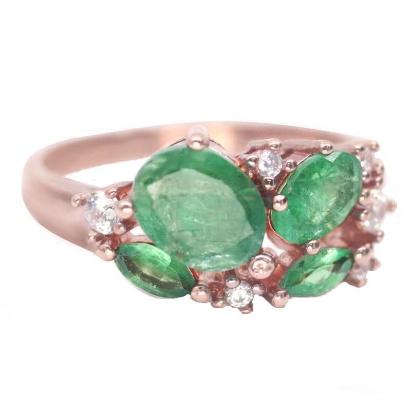 Natural Brazilian Emerald Ovals and AAA White Cubic Zirconia Solid .925 Silver Ring Sz 7.25 OR O1/2