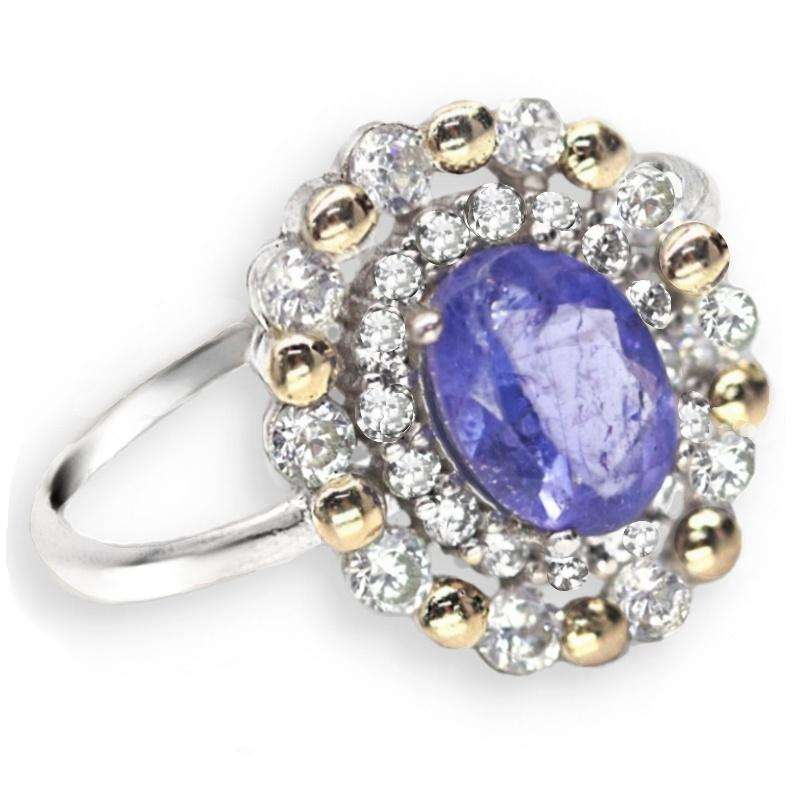 Natural Unheated Tanzanite and AAA White Cubic Zirconia Ring in Solid .925 Silver Size US 7 / O