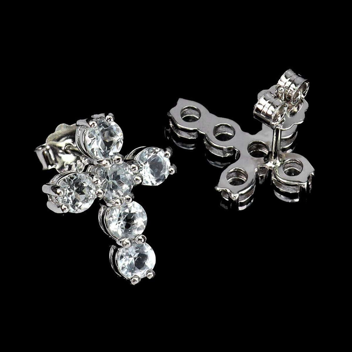 Natural Unheated Aquamarine Gemstone Solid .925 Sterling Silver Cross Stud Earrings
