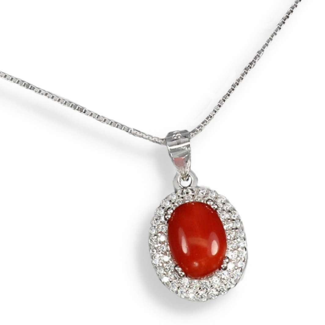 Rare Natural Unheated Italian Coral AAA White CZ in Solid Sterling Silver White Gold Necklace