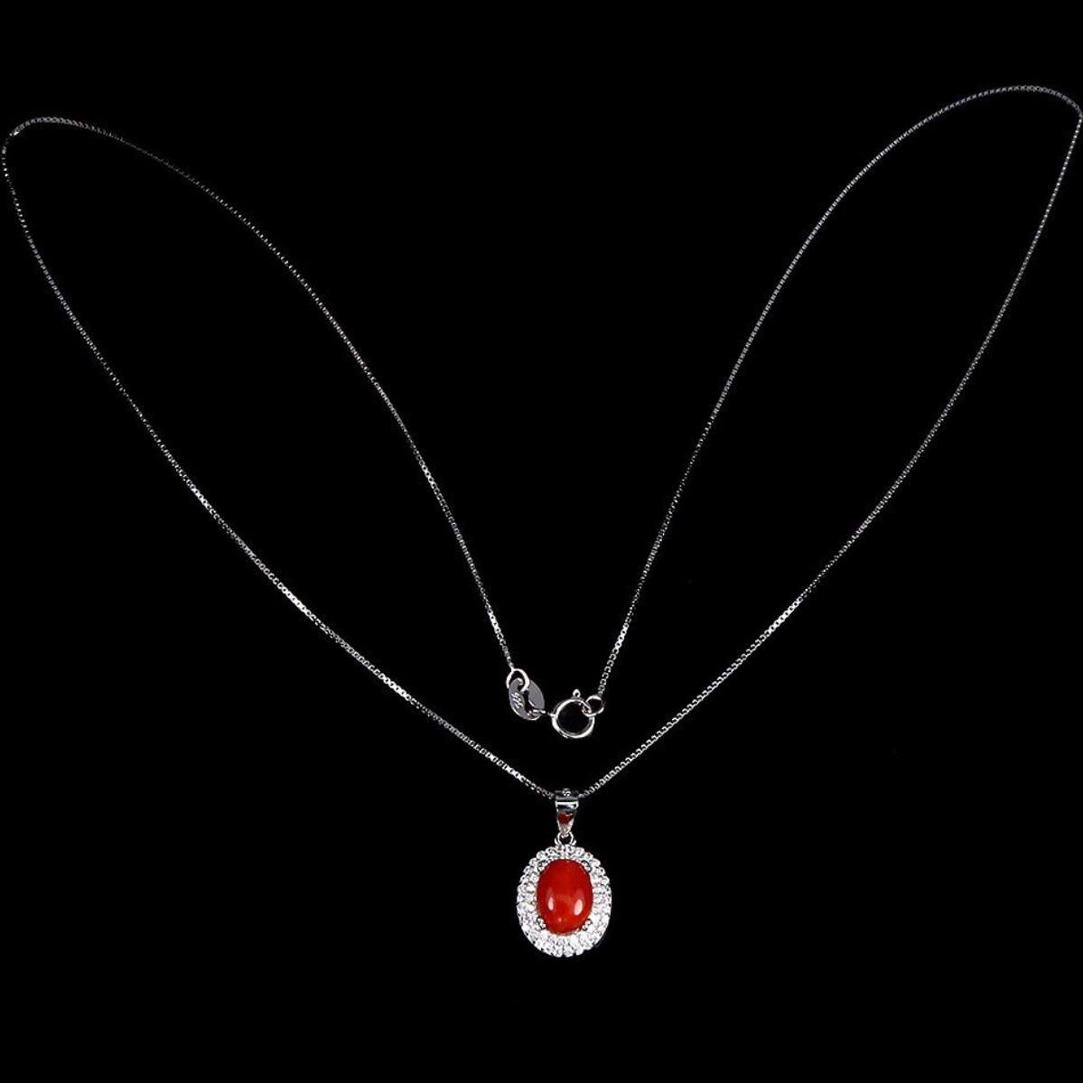 Rare Natural Unheated Italian Coral AAA White CZ in Solid Sterling Silver White Gold Necklace