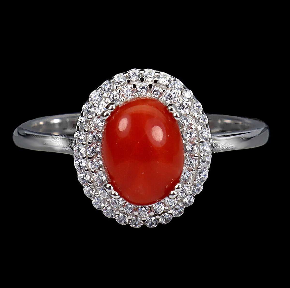 Rare Natural Unheated Italian Coral AAA White CZ in Solid Sterling Silver White Gold Ring Size 8/Q