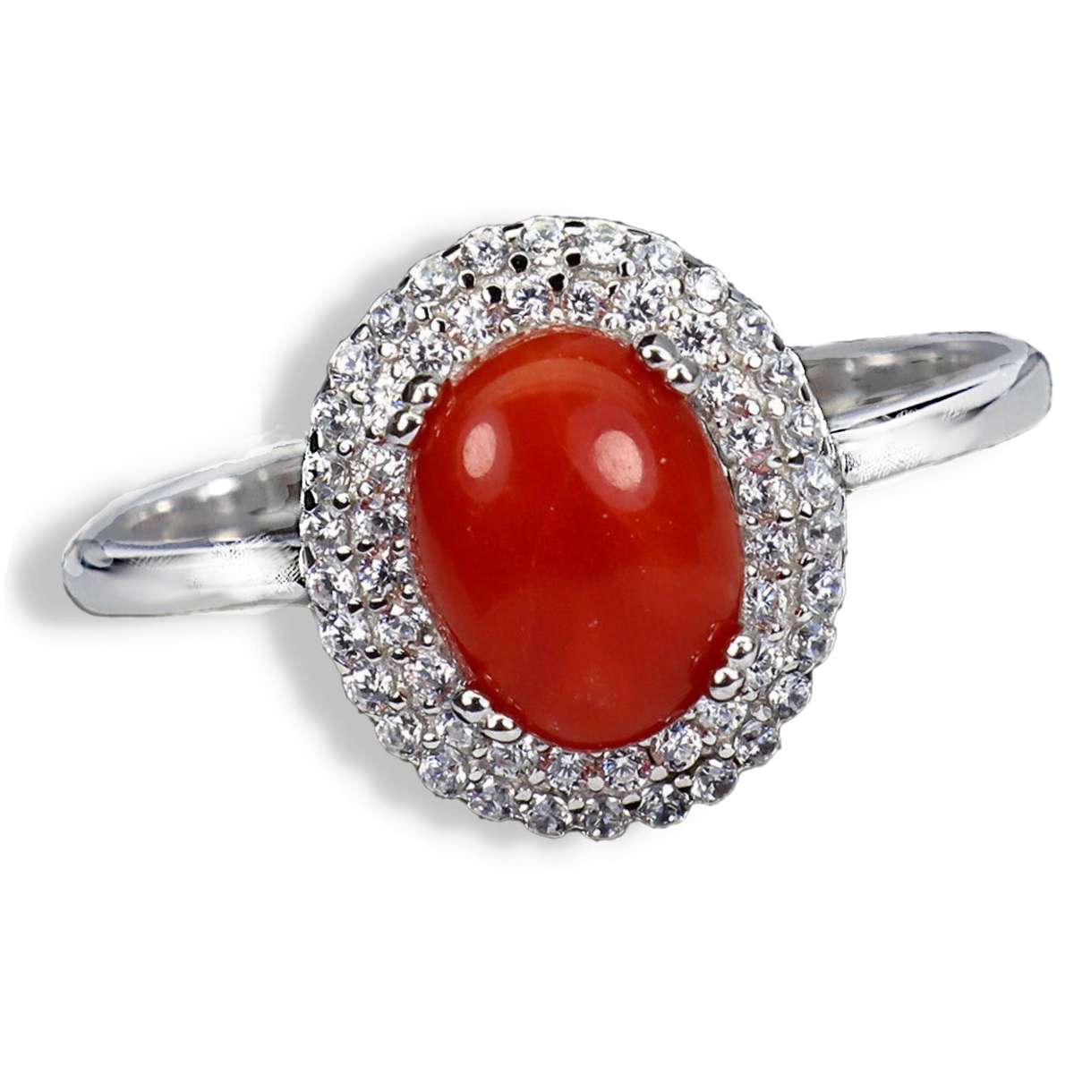 Rare Natural Unheated Italian Coral AAA White CZ in Solid Sterling Silver White Gold Ring Size 8/Q