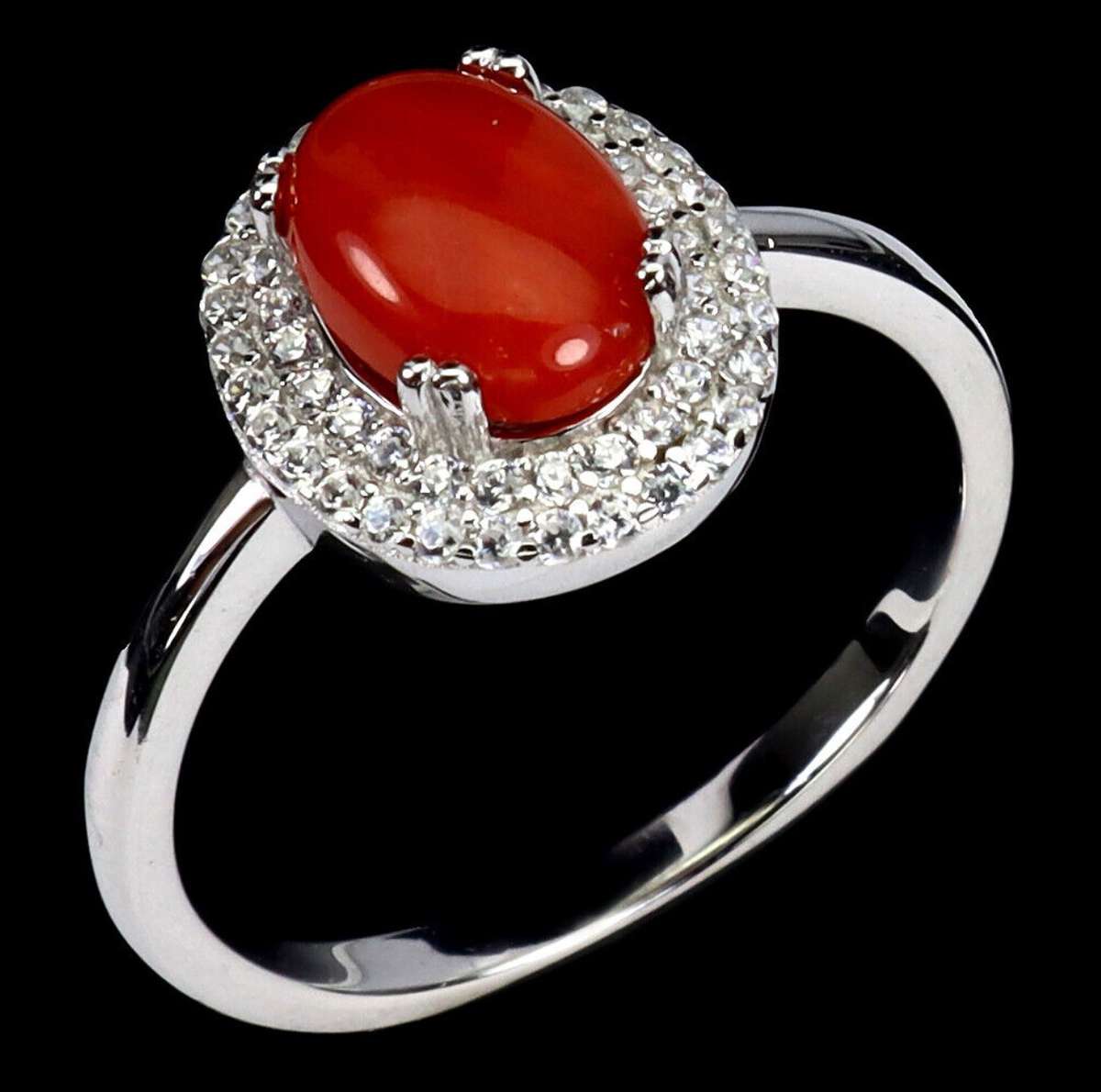 Rare Natural Unheated Italian Coral AAA White CZ in Solid Sterling Silver White Gold Ring Size 8/Q